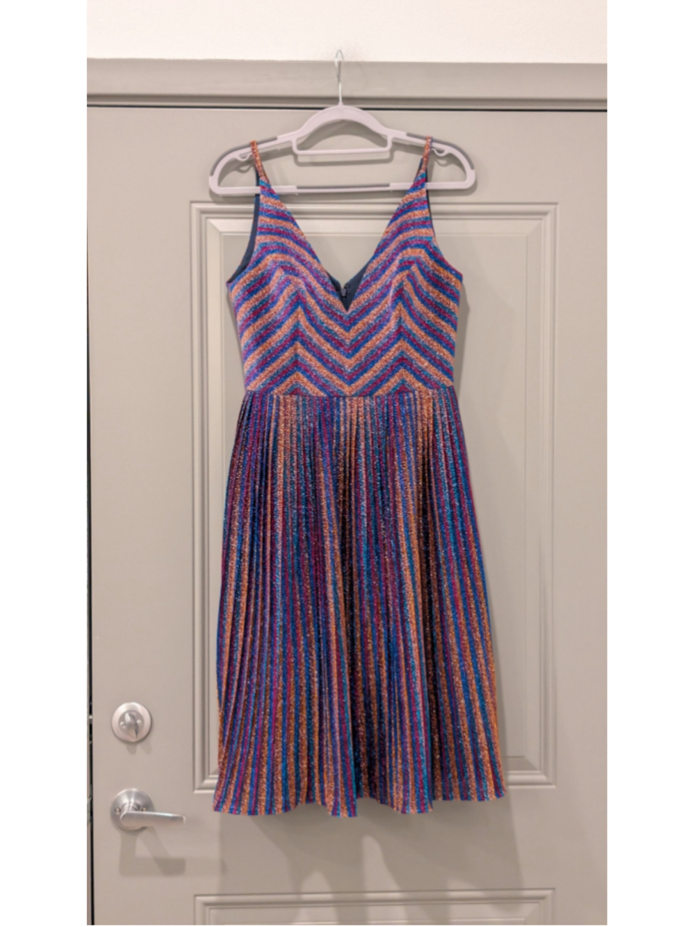 Dress the Population Metallic Rainbow Stripe Pleated Midi Dress MP